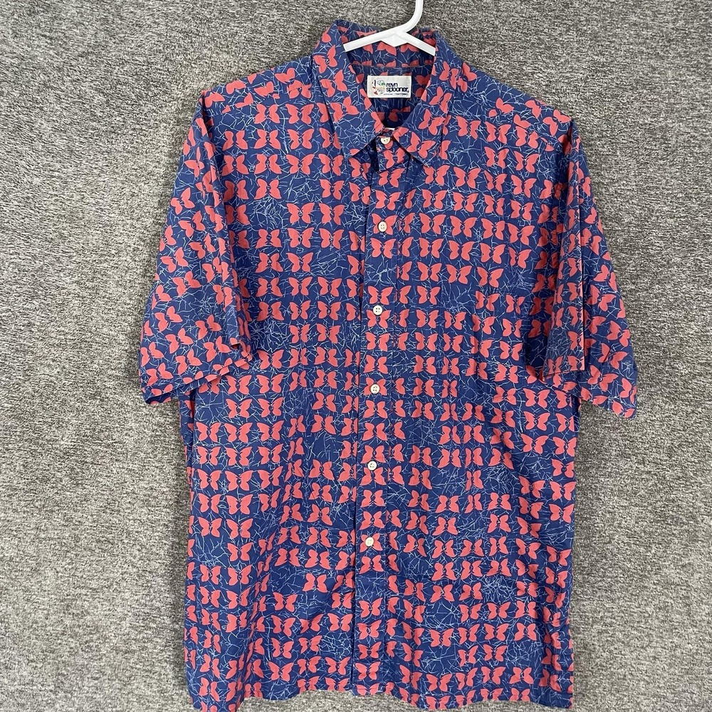 Reyn Spooner Shirt Mens Large Blue Butterfly Hawaiian Short Sleeve Button Up
